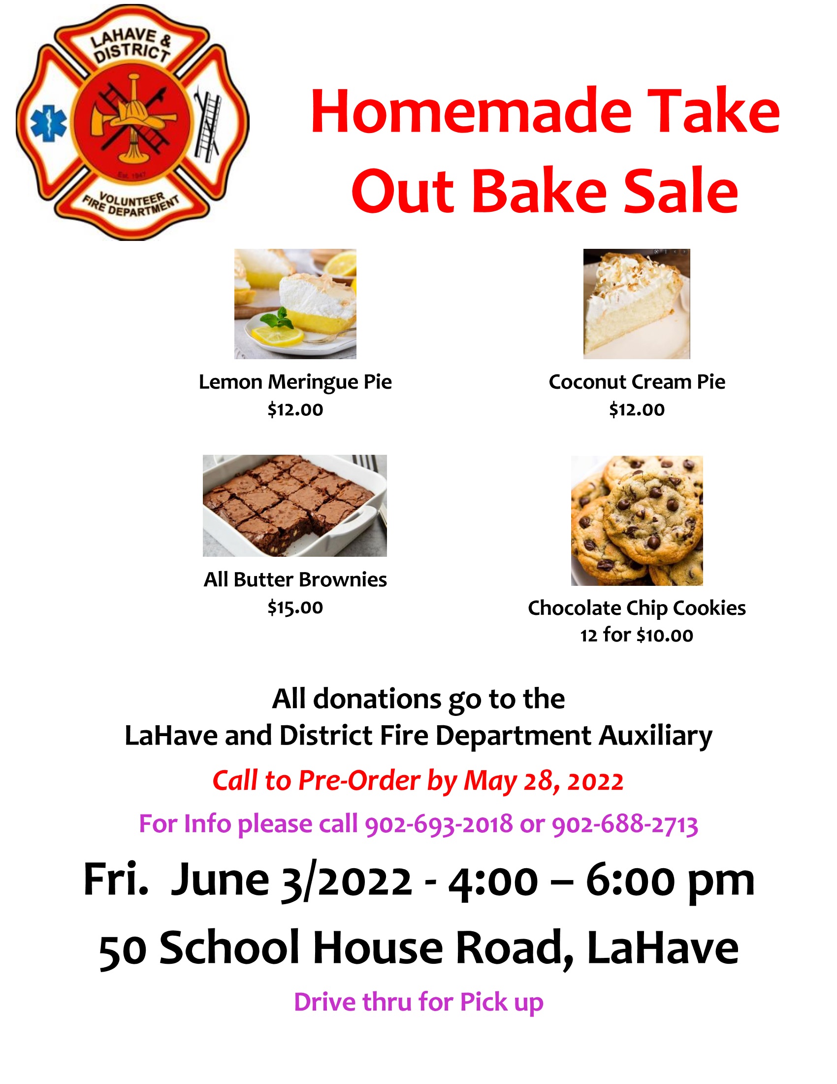 Take Out Bake Sale June 3 2022